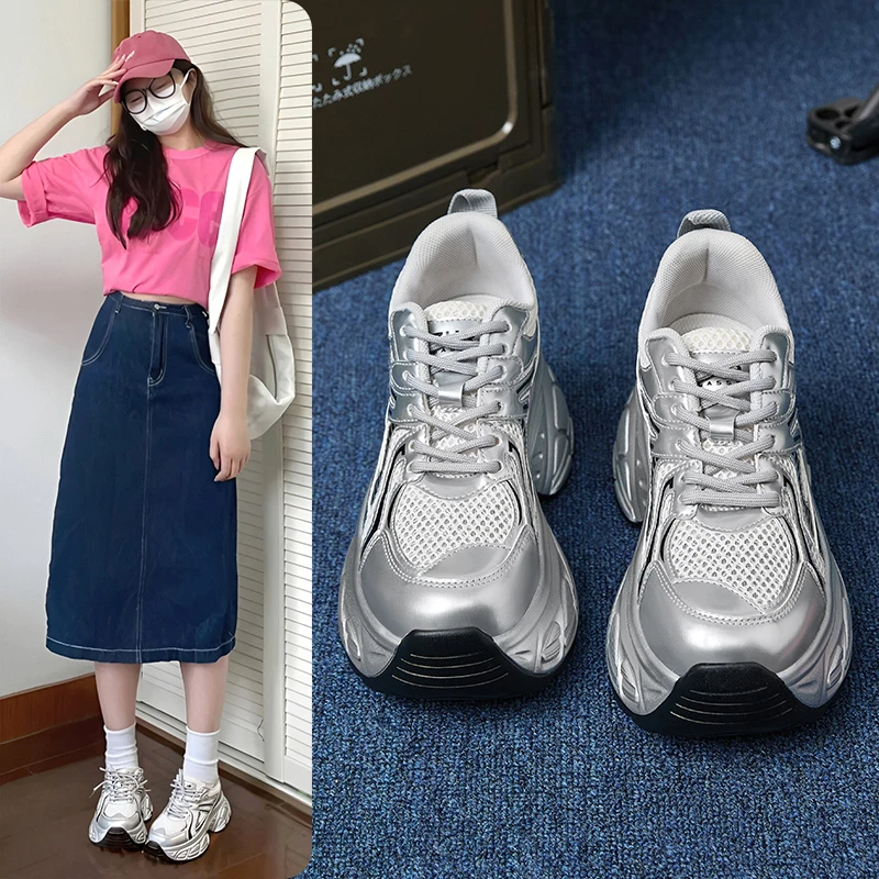 【清仓不补】厚底银色老爹鞋女透气小个子增高8cm轻奢休闲百搭