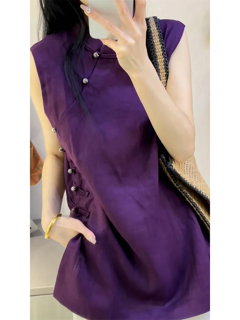 小众不撞款新中式国风气质紫色盘扣无袖衬衫上衣2025夏日绝美穿搭