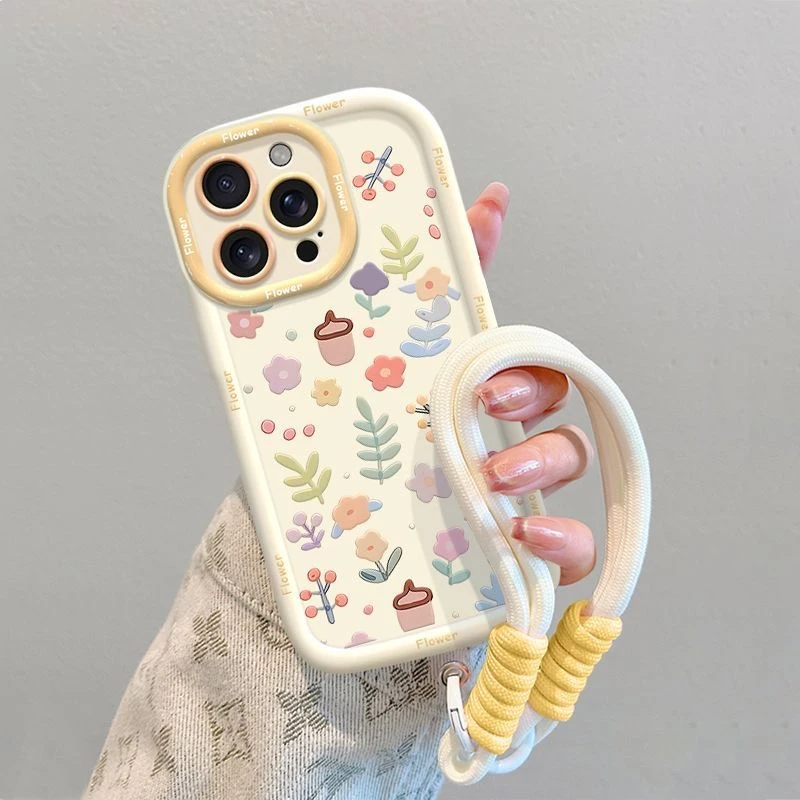 花花草草挂绳款适用iphone16/苹果15华为oppo实色泡芙壳vivo小米