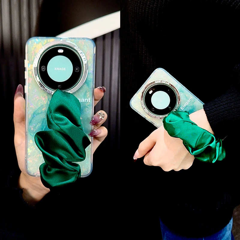 适用华为mate60pro手机壳新款mate60套高级贝壳纹ins晕染腕带女款