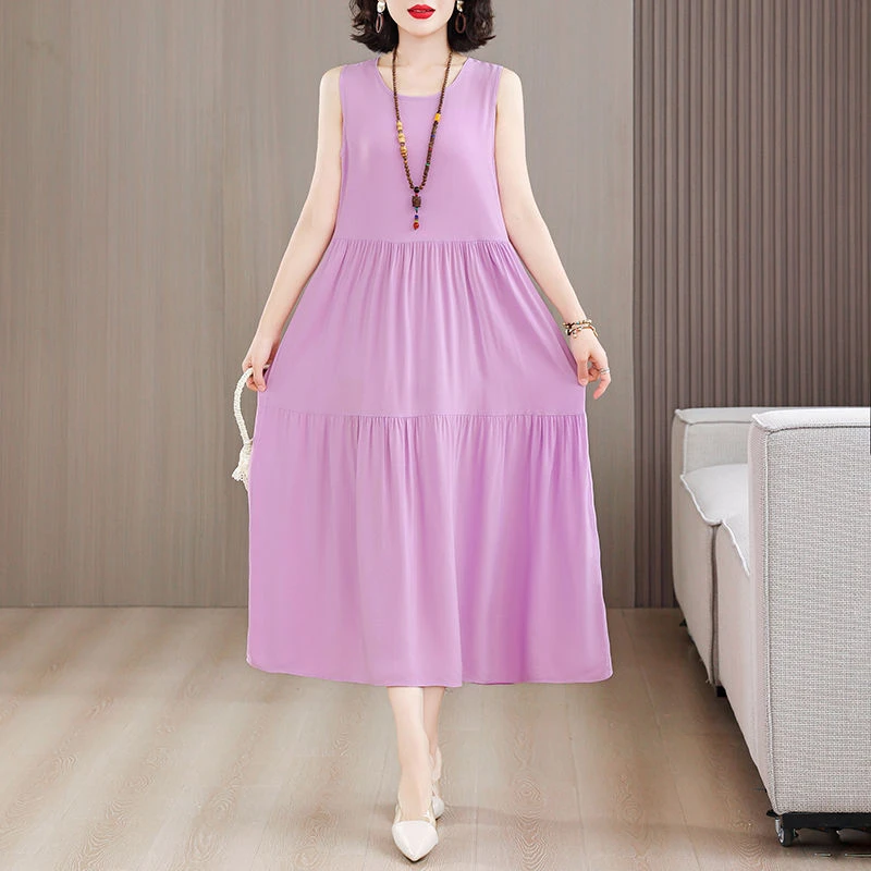 女士大码纯色棉绸连衣裙女夏季洋气宽松显瘦长款过膝无袖背心裙子