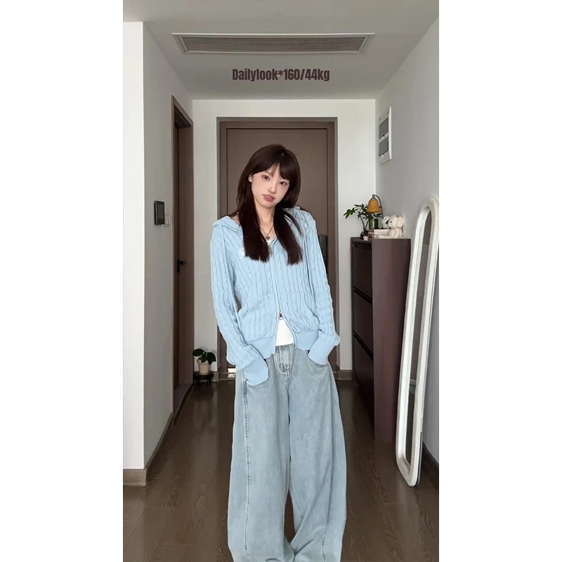 韩系早春新款麻花毛衣双拉链外套修身显瘦连帽针织开衫+裤子套装