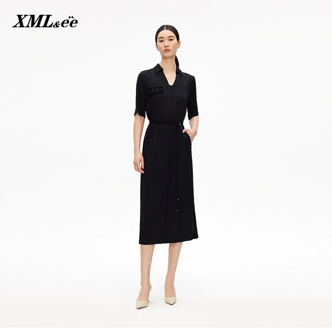 XMLee艾米尔 夏日限定100%桑蚕丝V领收腰连衣裙 X424L4270