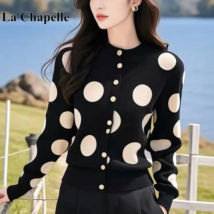 拉夏贝尔韩系穿搭独特漂亮的超好看黑色波点针织开衫毛衣女设计感
