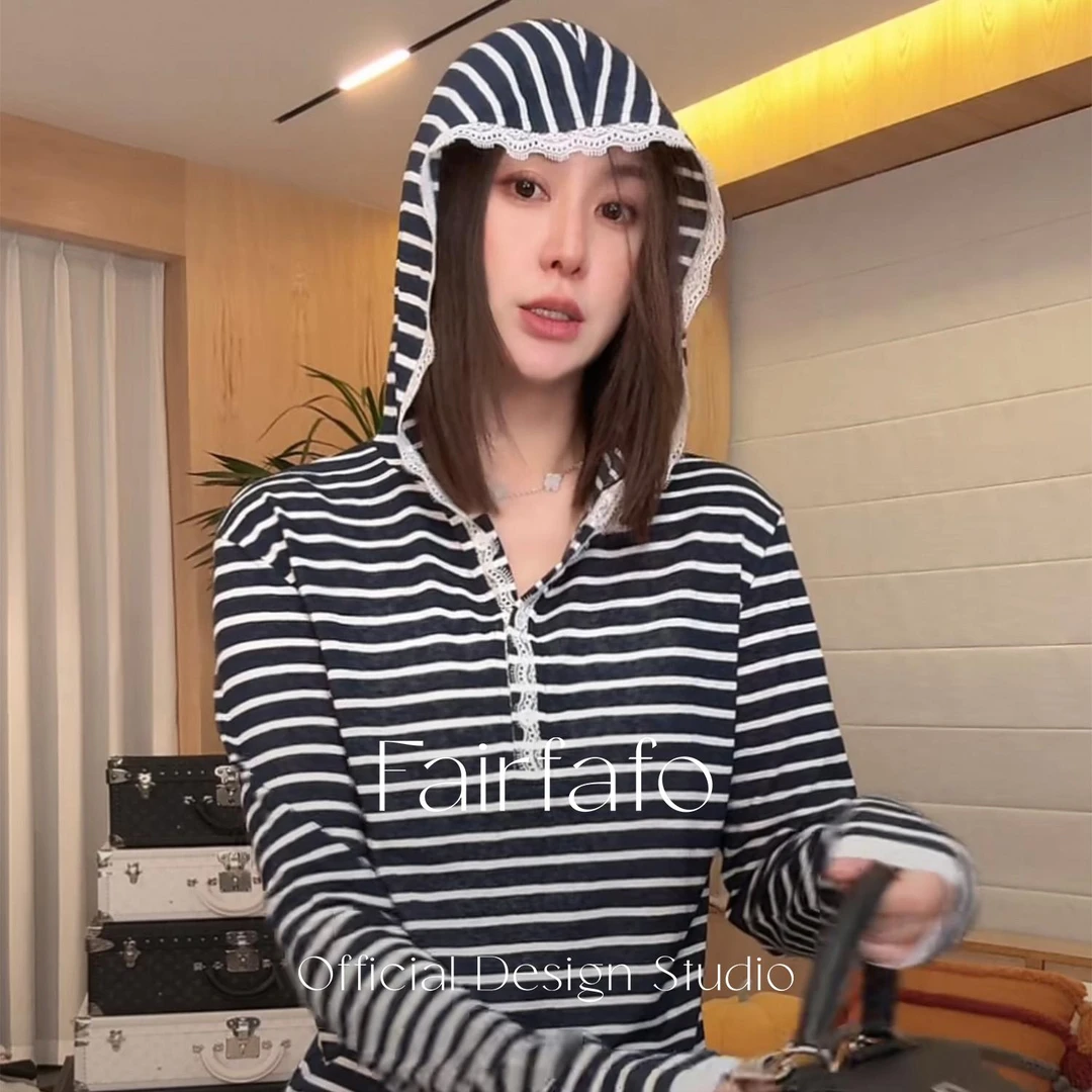 【蕾丝边连帽长袖】CXCL57197早秋新款温柔舒适百搭条纹长袖T恤