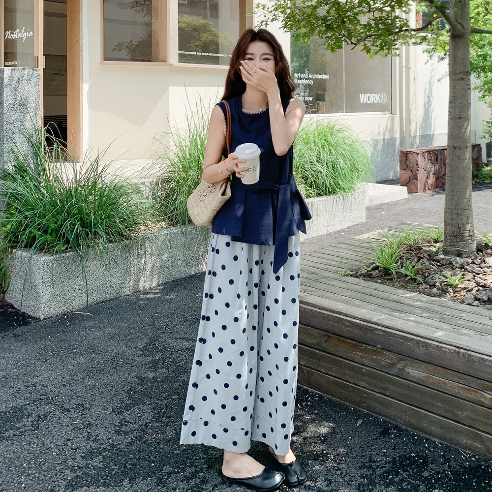 圆领波点系带收腰背心衬衫+直筒阔腿裤两件套女2025夏季新款套装