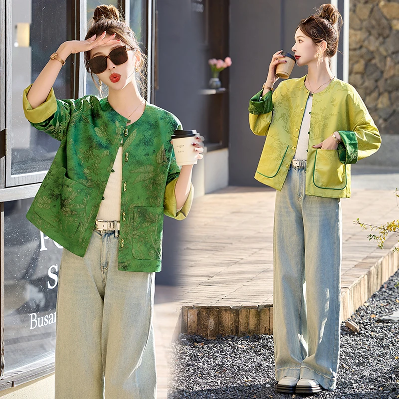 提花两面穿唐装外套春季国风刺绣设计感短款女装盘扣新中式上衣