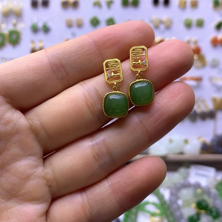 和田玉银S925镶嵌耳饰