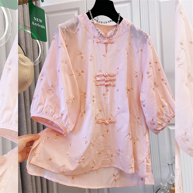 国风新中式夏季盘扣刺绣碎花衬衫女大码宽松中袖高级感百搭上衣潮
