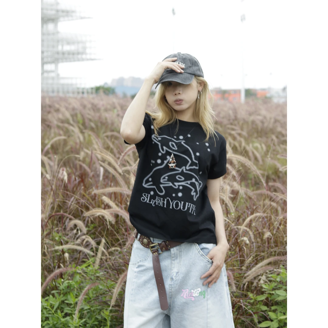 美式卡通海豚印花修身短袖t恤女夏季内搭圆领上衣潮