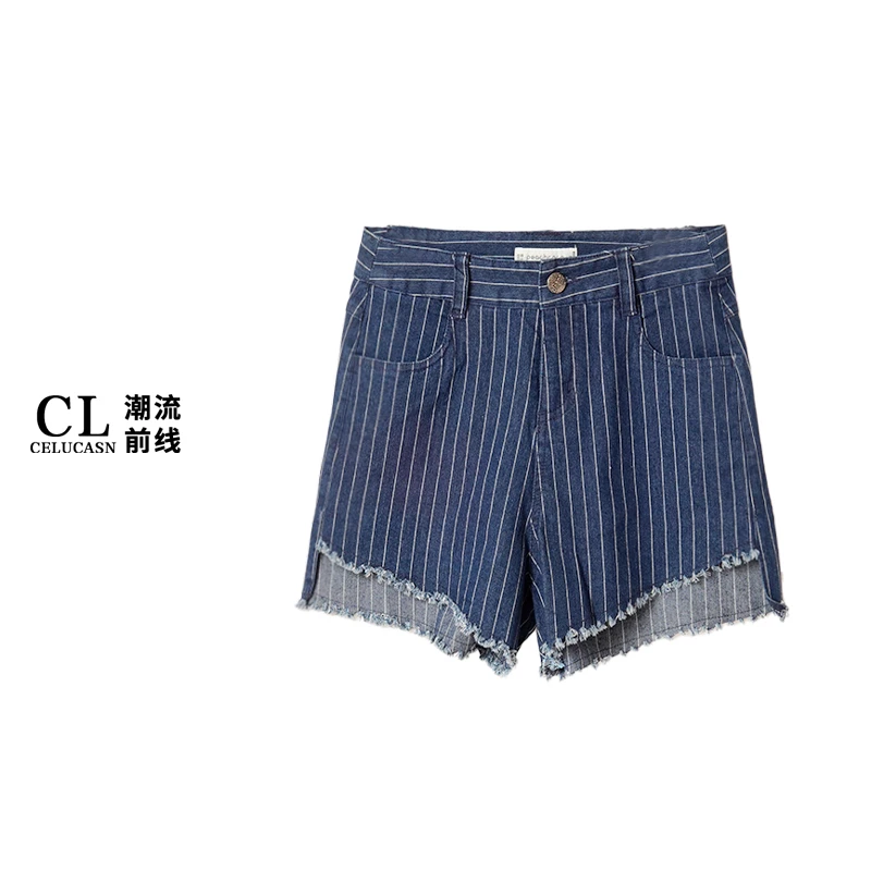 KAJF1602#夏季新款女装时尚高腰微弹条纹毛边牛仔短裤女