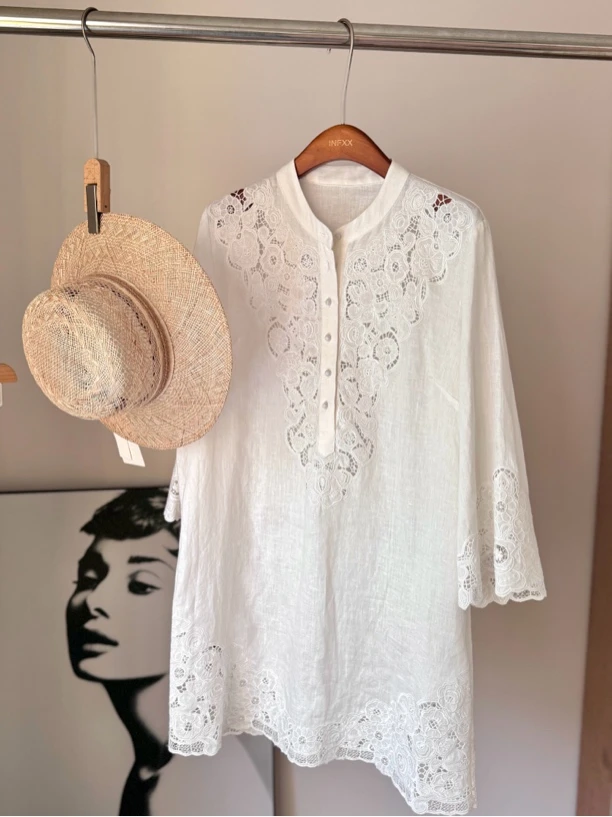 法式优雅蕾丝拼接亚麻裙春夏新款夏季连衣裙高端女装绣花气质白色