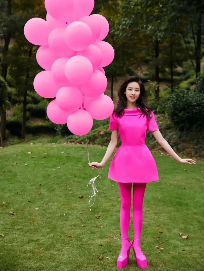 陈都灵明星同款时尚新款玫红色名媛气质收腰背V蝴蝶结短袖连衣裙