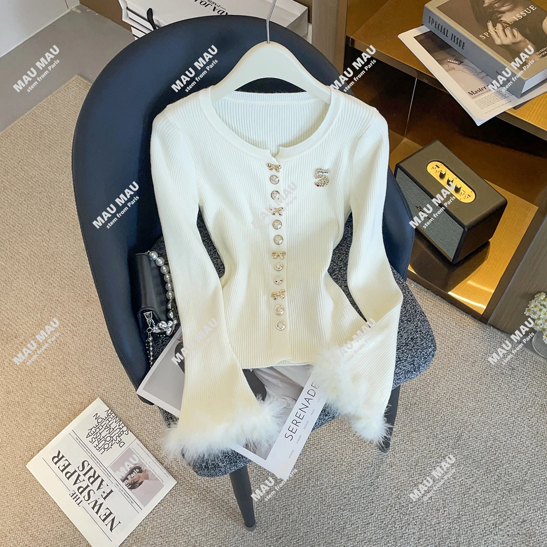 轻奢高端女装秋季新款时尚设计感小香风毛毛袖针织开衫上衣DY9165