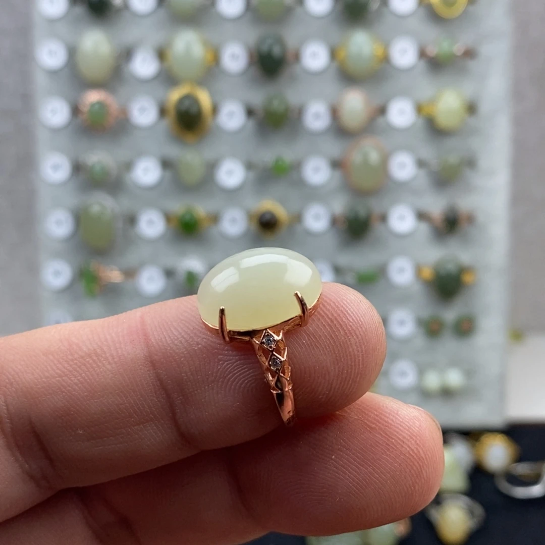 和田玉（青白玉）银S925镀金镶嵌戒指