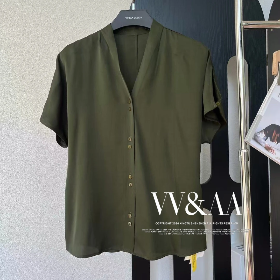 VV&AA V领复古气质宽松薄款纯色衬衫 R1100