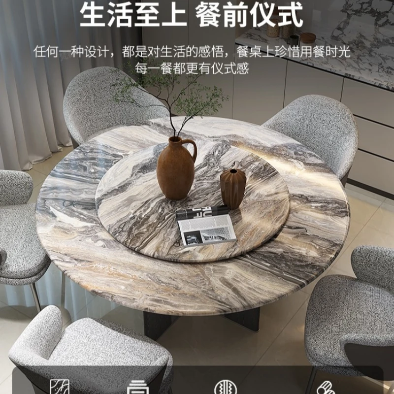 威尼斯棕进口天然大理石餐桌别墅饭桌意式高级感家用圆餐桌带转盘