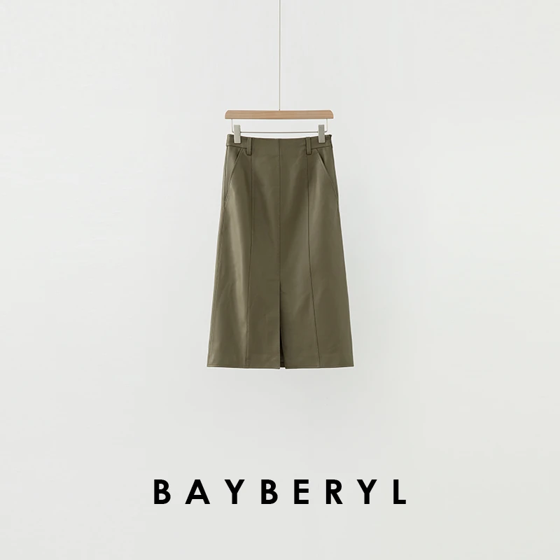BAYBERYL老贝多片裙*前开叉分割时尚百搭皮半身裙YQ5A0304