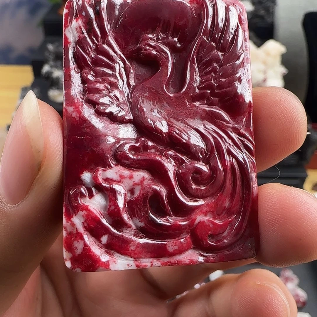 天然辰砂满红朱雀吊坠