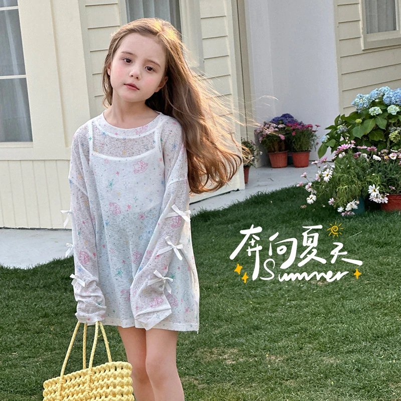 【洋气梦幻•甜美蝴蝶结网纱防晒衫】女童2025新款T恤百搭空调罩衫