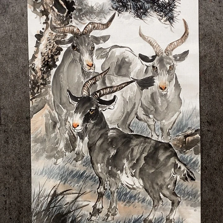 国画手绘国画三羊开泰不退不换