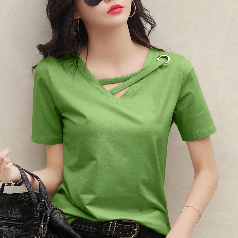 宽松型短袖女新款洋气t恤女V领宽松韩版黑色上衣休闲ins体恤潮v领