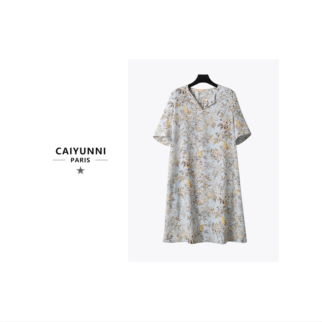 桑蚕丝古风淡雅花卉印花真丝连衣裙新款度假风中长款裙子ZY5370