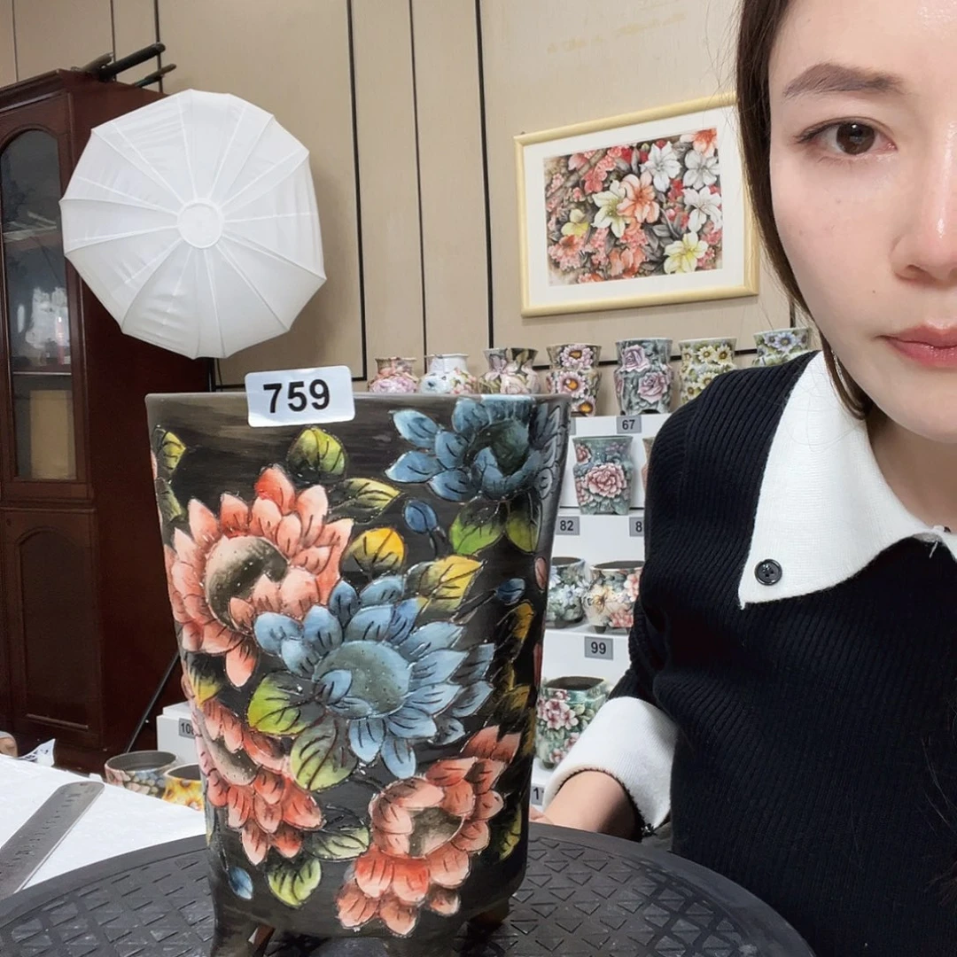 手绘陶瓷花盆口13高19