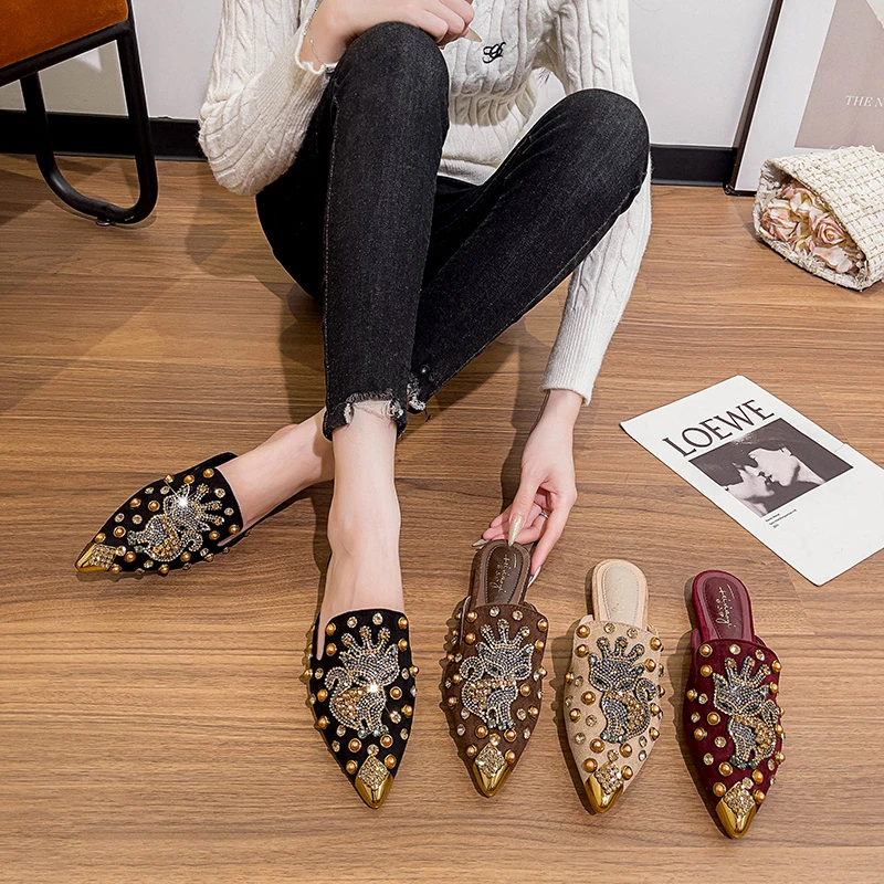 新款国风凉拖鞋皇冠狐狸水钻包头半拖鞋女尖头平底穆勒鞋