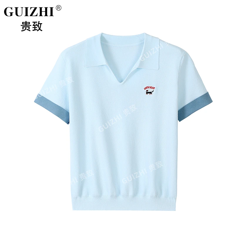 韩系Polo领百搭刺绣针织短袖t恤女夏季新款设计感气质V领正肩上衣