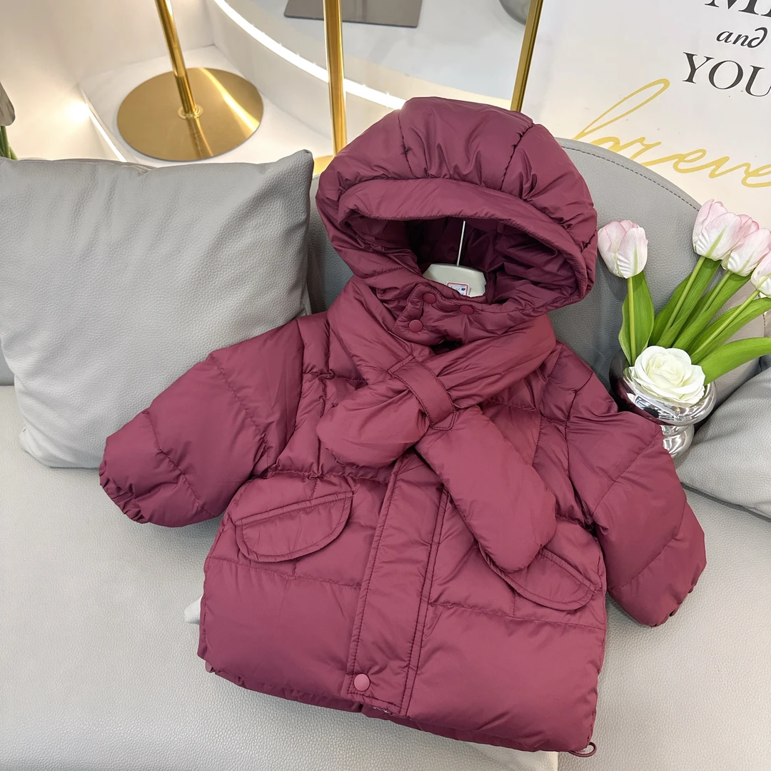 【ZQ】紫金红男女童冬季加厚灰鸭绒外套儿童中长款韩版连帽安哥拉红