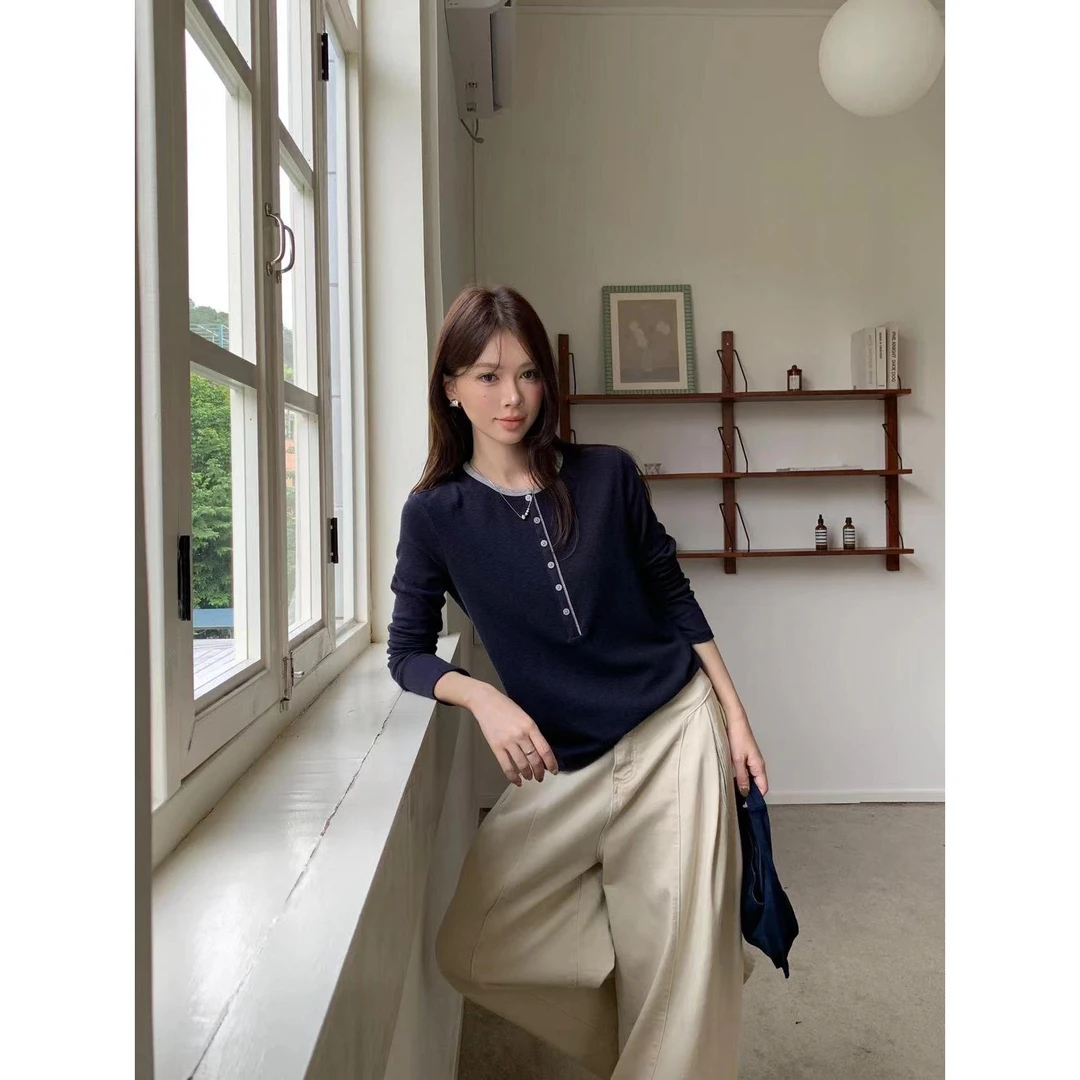 J-4855#闰熙#定制肌理雪花棉撞色拼接长袖T（福利）