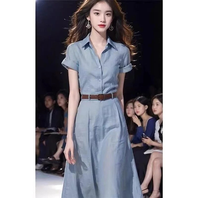 法式气质超好看赫本风简单大方收腰高级感蓝色衬衫连衣裙子女夏季