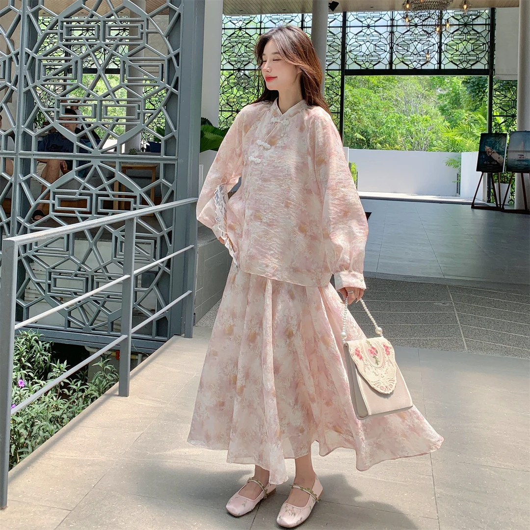 粉色碎花新中式国风套装裙女秋季新款轻熟气质高级感半身裙两件套