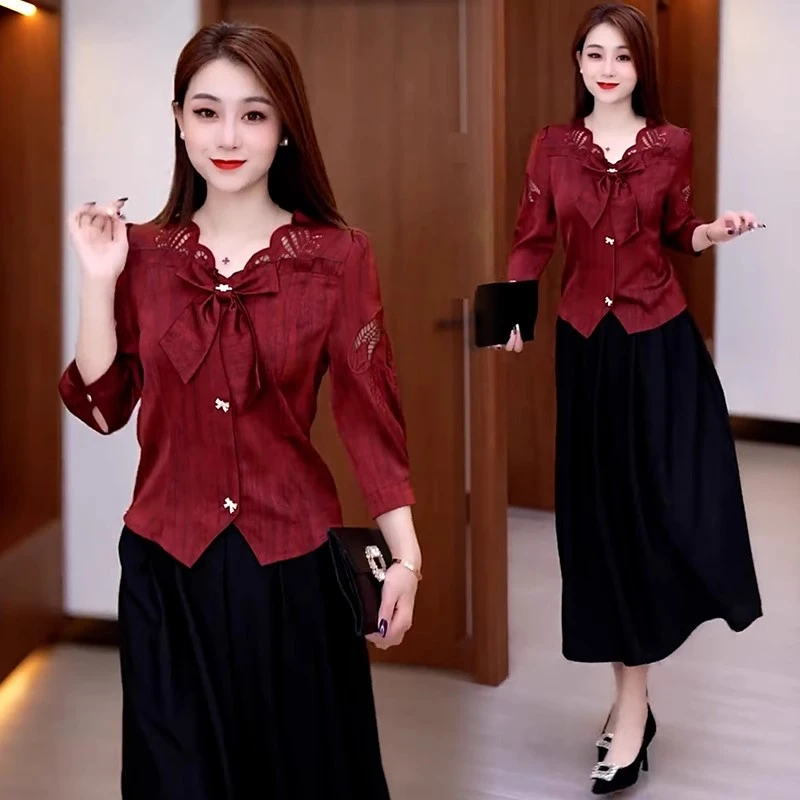 时尚连衣裙套装女2025春夏新款洋气质蝴蝶结蕾丝衬衫半身裙两件套