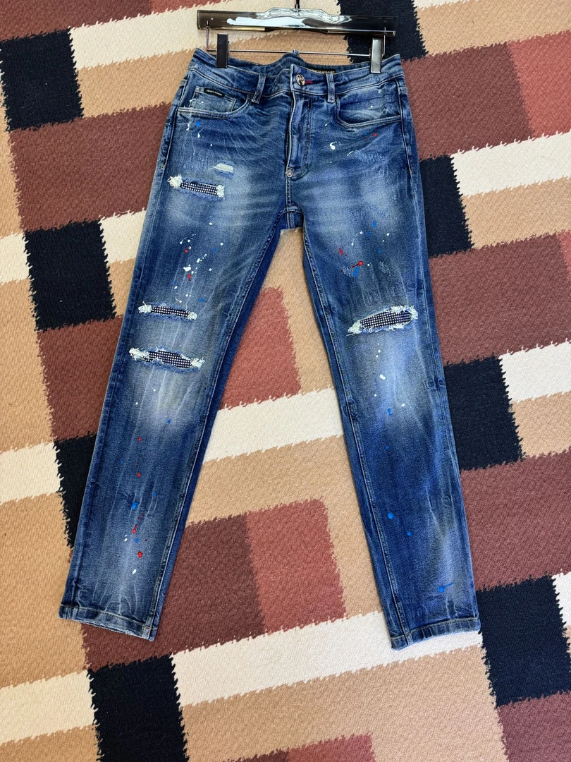 可乐家潮牌男士修身烫钻小直筒牛仔裤男款蓝001