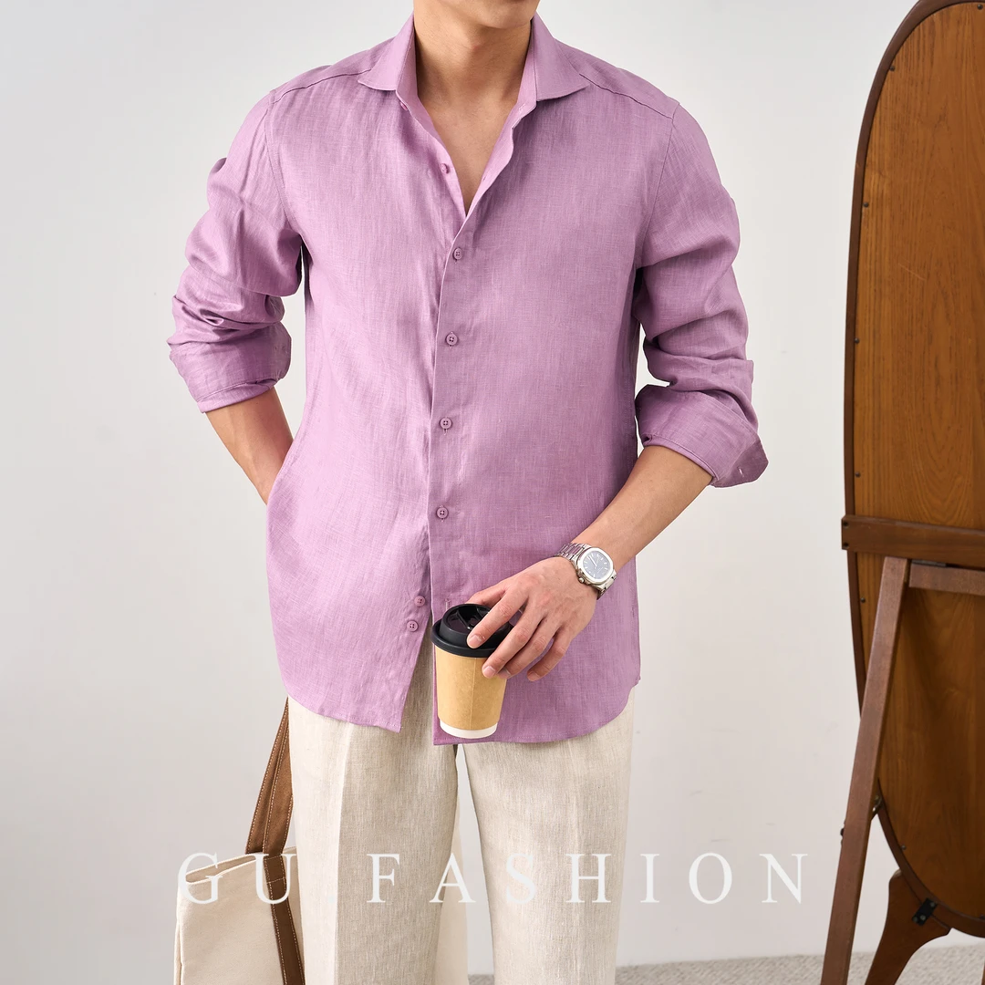 GU FASHION亚麻复古衬衫男长袖薄款透气宽松休闲商务男士纯色衬衣