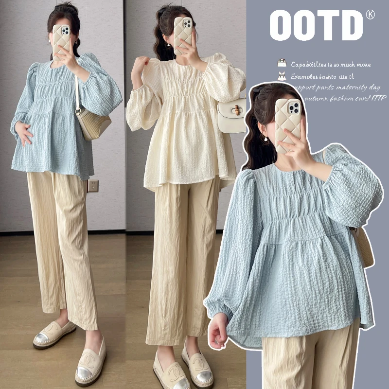 【晴晴】2025春季新款孕妇装上衣时尚孕期百搭显瘦肌理泡泡袖娃娃衫