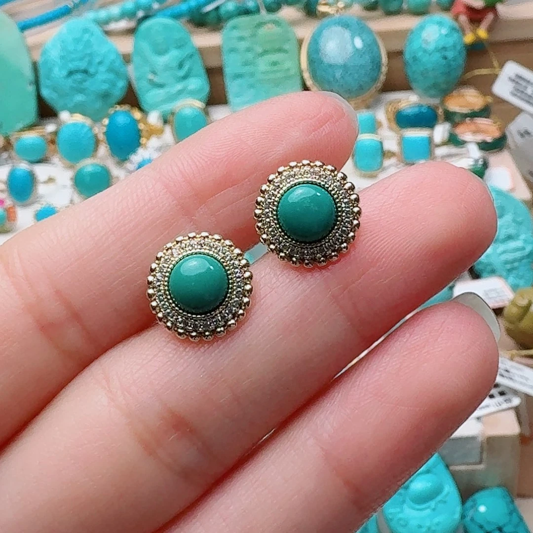 绿松石未镶嵌高瓷绿精美耳钉