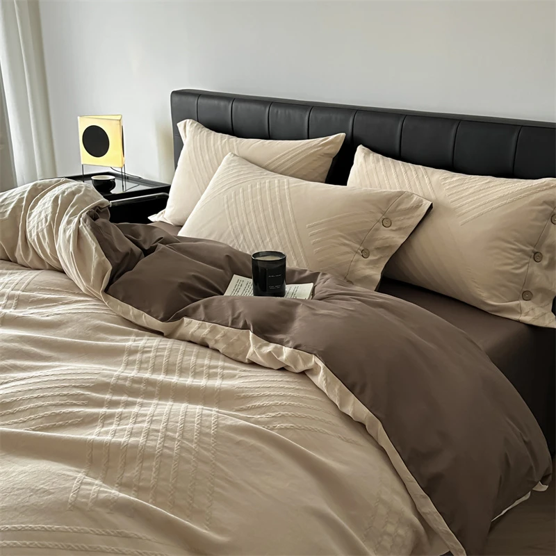 洛洛山河简约风色织提花双层纱四件套纯棉100%全棉高档适合裸睡