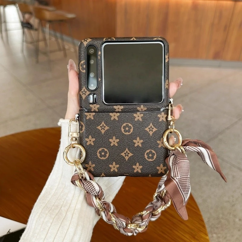 适用华为purax手机壳复古棕皮印花保护套阔折叠屏丝巾手链防摔ins