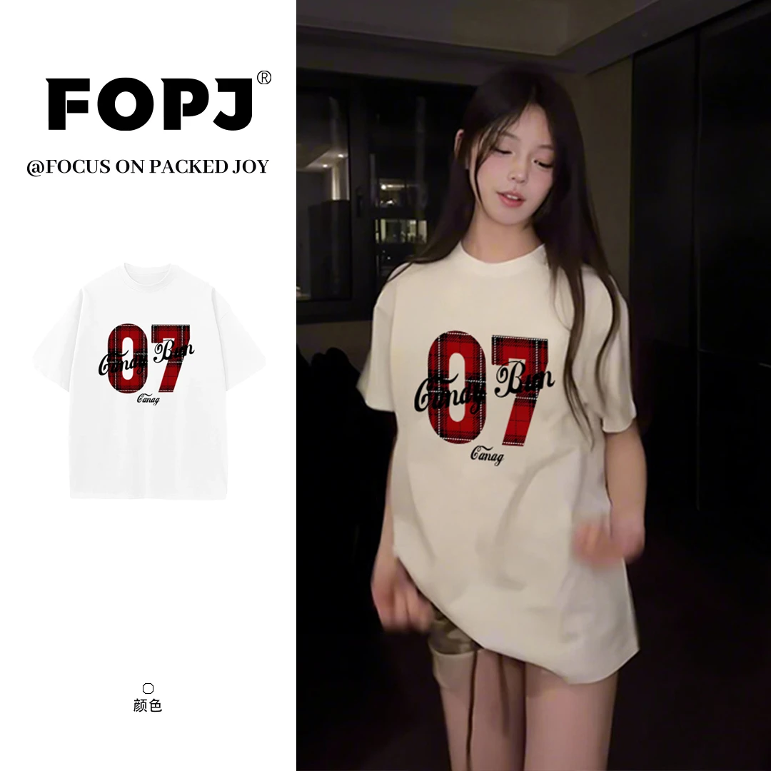 FOPJ美式高街纯欲风格子数字印花时尚短袖t恤女夏季圆领休闲百搭