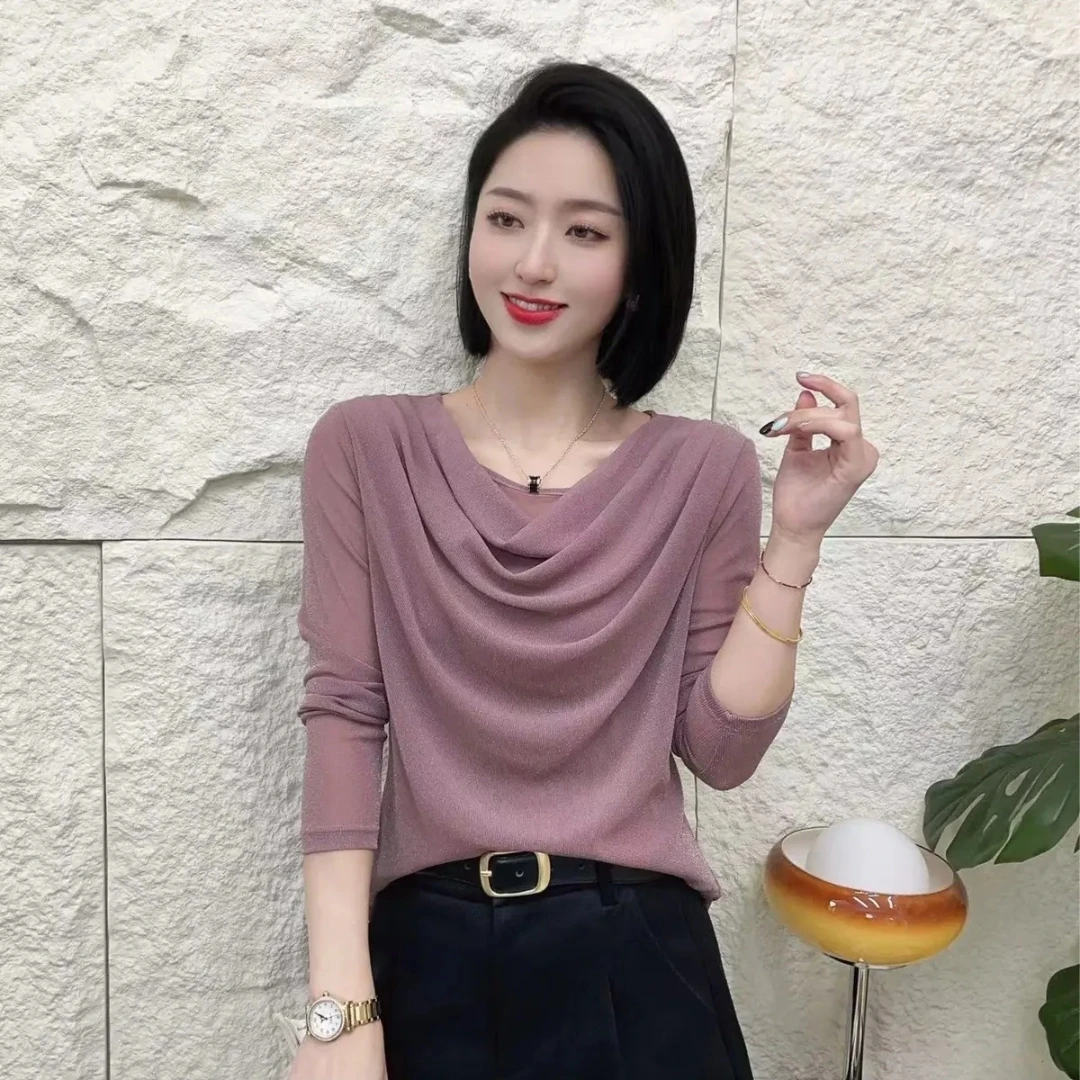 2025春季新款女士气质时尚百搭修身显瘦圆领洋气长袖网纱小衫