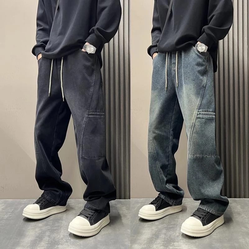 秋季美式复古痞帅水洗做旧高街休闲百搭弯刀牛仔裤潮流宽松直筒裤