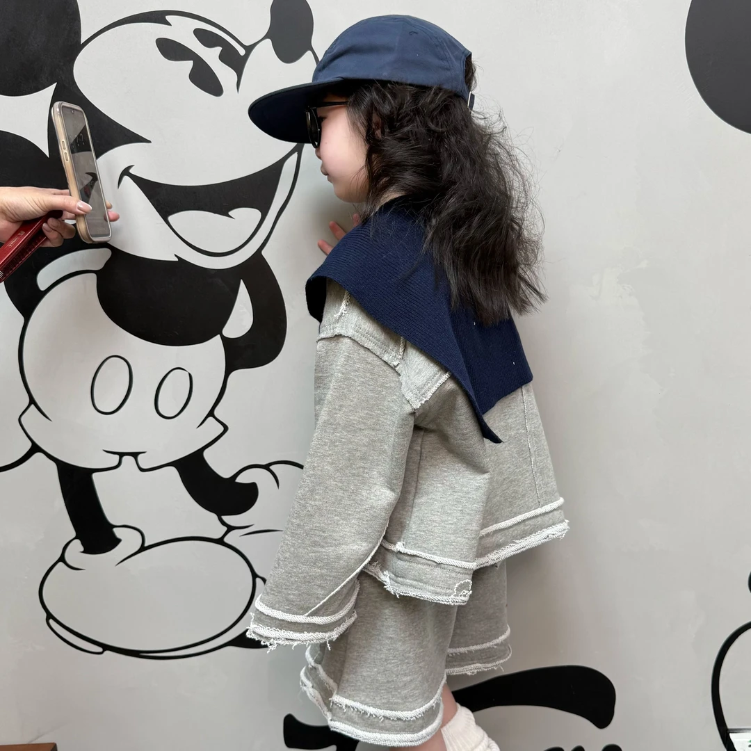 （清仓）春季新款韩版儿童毛边卫衣短裤套装时尚拼接重工两件套