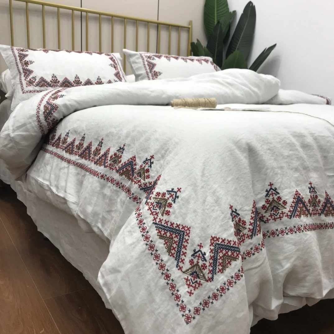 木汀家-十字绣汉麻四件套 高端手绣床上用品