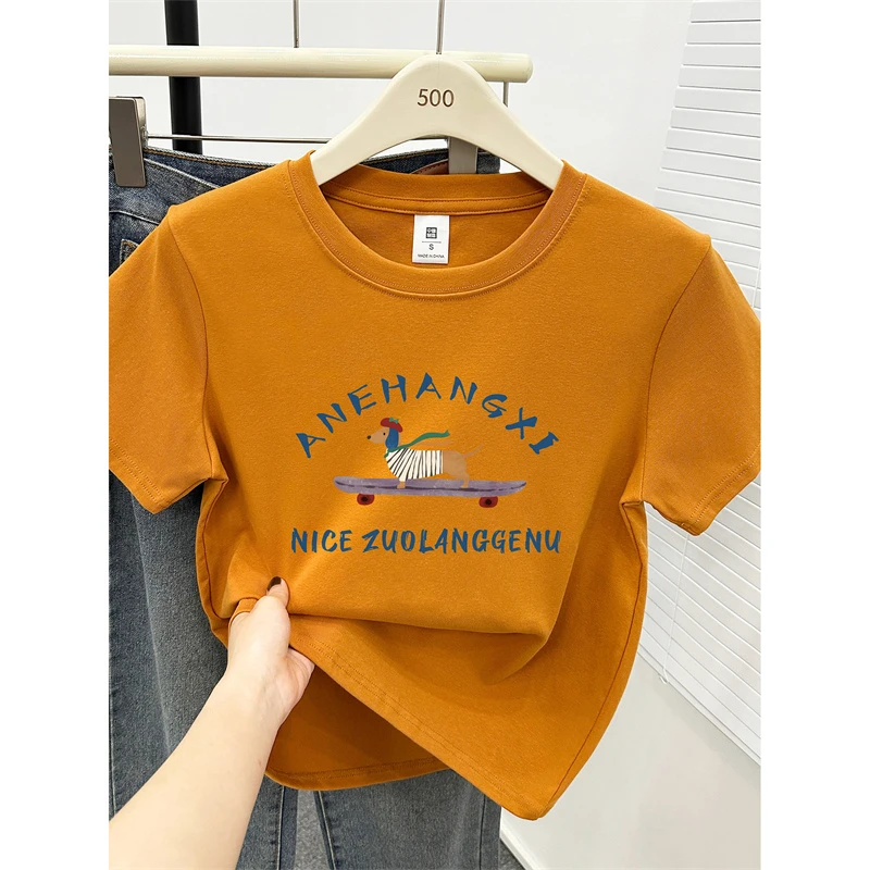 南瓜色圆领洋气小狗印花正肩短袖T恤大码女装胖MM时尚半袖上衣夏