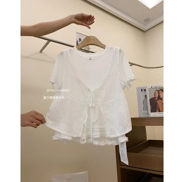 2887韩版夏款新款圆领短袖T恤百搭绑带背心时尚显瘦重工真两件