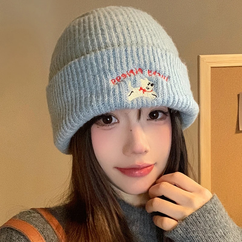 可爱小狗刺绣针织毛线帽女2025年新款春秋季显脸小百搭大头围帽子