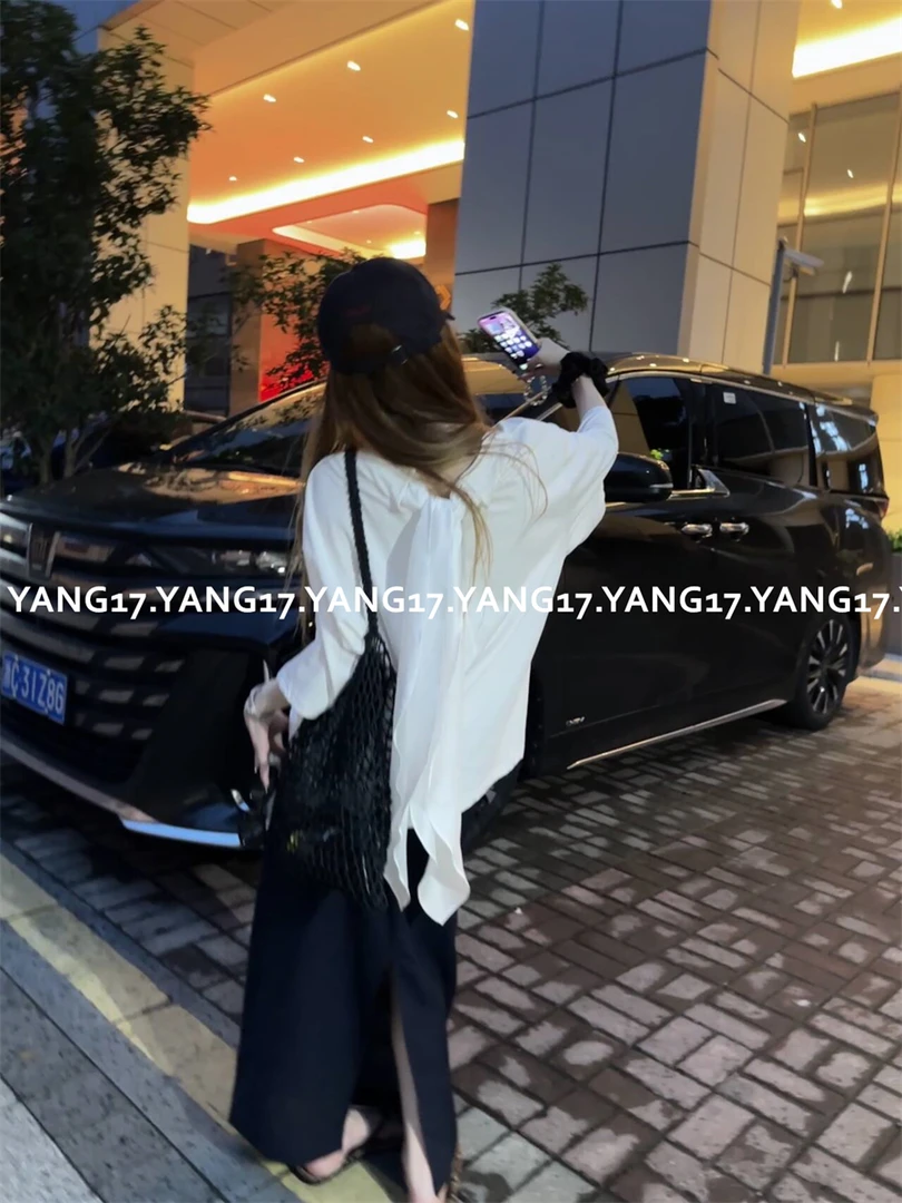 杨十七 “经典飘带”多种穿法 简约纯棉宽松白色中袖T恤女